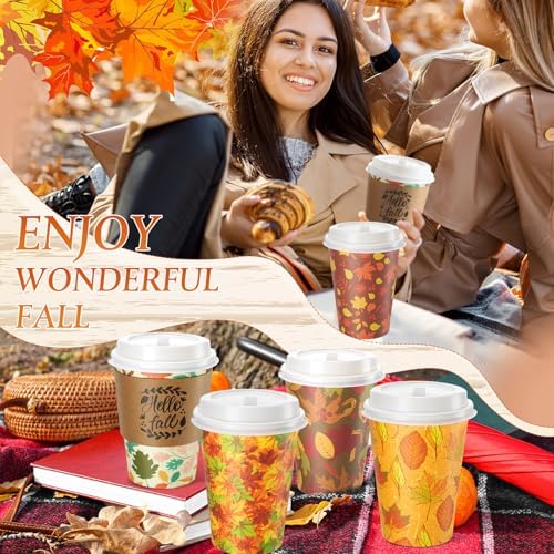 Mimorou 120 Pcs Thanksgiving Fall Cups Disposable Coffee Cups with Lids and Sleeves 12oz Maple Leaves Paper Drinking Mugs for Harvest Autumn Party Supplies, 10 Styles - Image 5