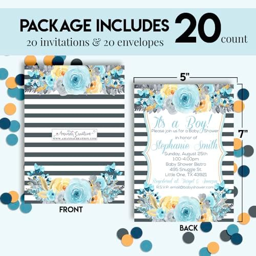 Custom Baby Shower Invites Blue Gray Gold Peony Baby Shower Invitations 20 5x7 Custom Personalized Rustic Floral Invites With Envelopes - Unique Cards - Image 4