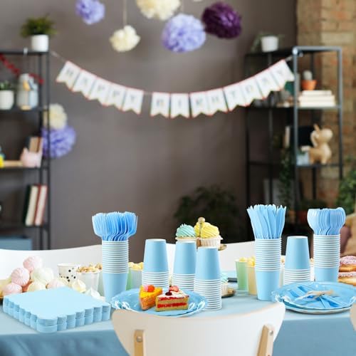 Ziliny 350 Pcs Baby Blue Plates and Napkins, 50 Guest Spring Party Supplies Include Scalloped Paper Plates Napkins Cups Plastic Spoons Forks Knives Disposable Tableware Set for Baby Shower - Image 4