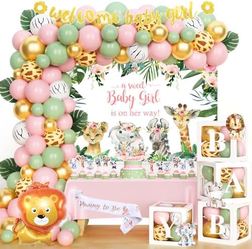 Safari Baby Shower Decorations for Girl, Jungle Themed Décor Backdrop Balloon Garland Arch Artificial Leaves Box Cutout Glitter Banner Cake Topper Sash Lion Cheetah Giraffe Pink 140 PCs by Fiesec