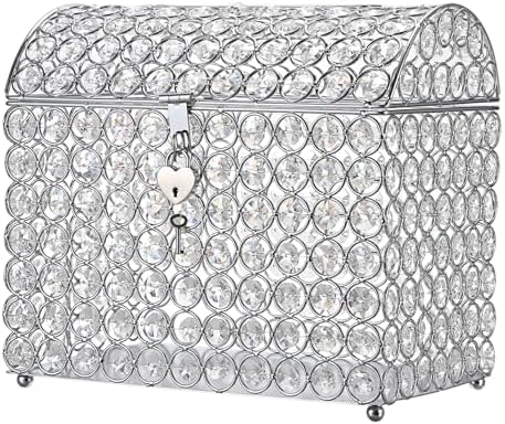 ELLDOO Crystal Wedding Card Box with Heart Lock, Money Card Box Treasure Chest Style Silver Gift for Wedding Receptions Centerpiece Decor Anniversary Keepsake Gift Display Csae, Medium by ELLDOO