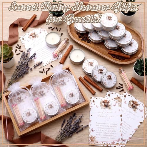 MTLEE 24 Sets Highland Cow Baby Shower Favors for Guest Bulk Including Lavender Scented Candles and Empty Matches Jars with Cork Top Thank You Cards and Organza Bags for Baby Shower Party Souvenir - Image 2