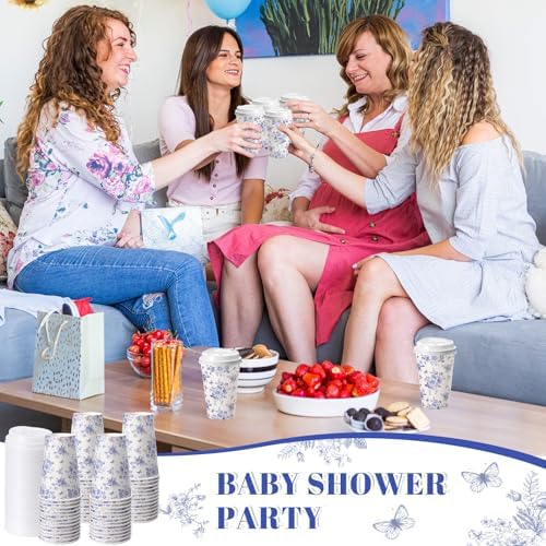 Funnymoom 100 Pieces Blue Floral Disposable Paper Cups with 120 Lids 12 oz Coffee Blue and White Herb Beverage Coffee Cups for Spring Wedding Baby Bridal Shower Tea Party Baby Shower - Image 4