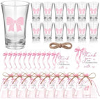 Funnymoom 50 Sets Pink Bow Party Favors Coquette Shot Glasses Birthday Party Decorations Acrylic Clear Gifts Thank You Tags with Organza Bags for Women Bridal Shower Wedding Bachelorette Supplies by Funnymoom