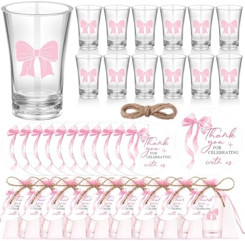 Funnymoom 50 Sets Pink Bow Party Favors Coquette Shot Glasses Birthday Party Decorations Acrylic Clear Gifts Thank You Tags with Organza Bags for Women Bridal Shower Wedding Bachelorette Supplies by Funnymoom