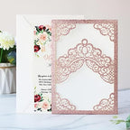 Hosmsua 50PCS Personalized Rose Gold Glitter Quinceanera Invitations Kit 5.1x7.3 Inch Laser Cut Floral Crown Quinceanera Invitation Cards with Envelopes for Birthday Quince Anos Invitation - Image 4