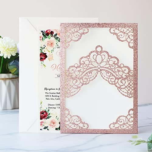 Hosmsua 50PCS Personalized Rose Gold Glitter Quinceanera Invitations Kit 5.1x7.3 Inch Laser Cut Floral Crown Quinceanera Invitation Cards with Envelopes for Birthday Quince Anos Invitation - Image 4