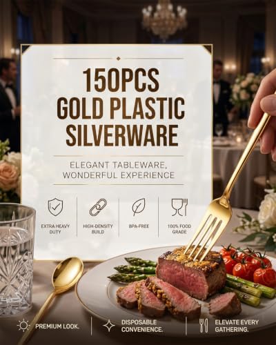 PULOTE 150PCS Gold Plastic Silverware Disposable - Heavy Duty Gold Plastic Cutlery - Gold Plastic Utensils Set Include 50 Knives,50 Forks,50 Spoons for Party&Wedding - Image 2