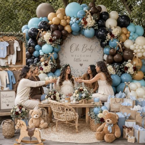Blue Brown Balloon Garland Double Stuffed Dusty Blue Black Beige Balloons Tan Cream White Balloon Arch Kit With Ribbon Bows for Baby Shower Gender Reveal Wedding Western Birthday Party Decorations - Image 5