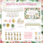 147 PCs Safari Baby Shower Decorations for Girl, Party Inspo Jungle Themed Baby Shower Décor Backdrop Balloon Garland Artificial Leaves Banner Tablecloth Cake Cupcake Topper Boxes Cutout Deer Pink - Image 2