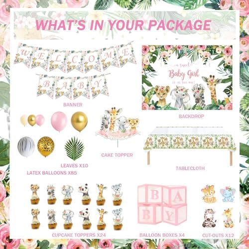 147 PCs Safari Baby Shower Decorations for Girl, Party Inspo Jungle Themed Baby Shower Décor Backdrop Balloon Garland Artificial Leaves Banner Tablecloth Cake Cupcake Topper Boxes Cutout Deer Pink - Image 2