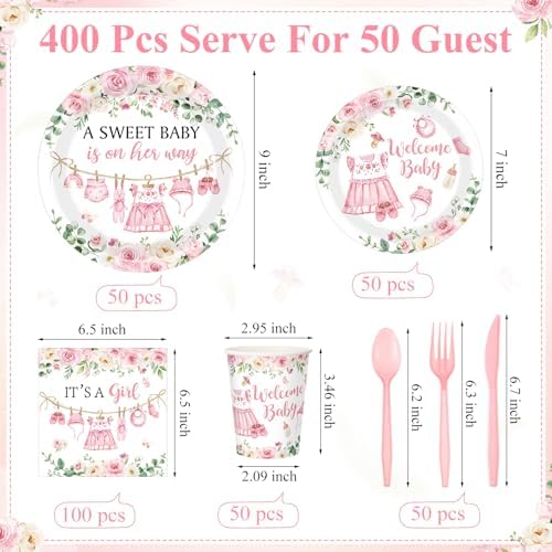 Pickmesh 400 Pcs Floral Baby Shower Party Decoration Paper Plates Serve 50 - Image 3