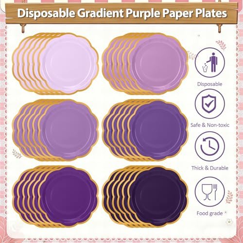192Pcs Purple Paper Plates and Napkins Party Supplies Serves for 48 Guests, Disposable Gradient 9’’ Scalloped Lavender and Gold Plates Tableware Set for Birthday, Wedding, Baby Shower Decorations - Image 3
