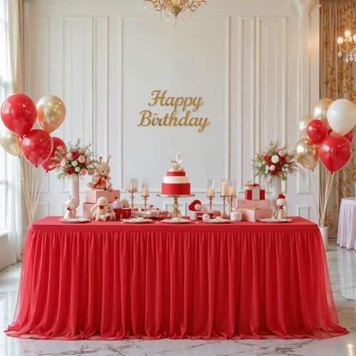 Red Tablecloth Rectangle 8 Foot Fitted Stretch Elastic Tulle Ruffle Tablecloths Rectangular Spandex Table Covers 8ft Birthday Baby Shower Wedding Party Table Cloths with Skirt by LittleFunny