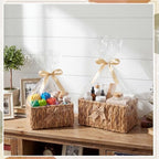 Colingmill 2 Sets Wicker Gift Basket Empty Rectangular Woven Baskets with Handle, Gift Bag and Ribbon, Stackable Goodies Basket for Birthday Wedding Baby Baptisms Christmas(Water Hyacinth,Large,Small) - Image 5