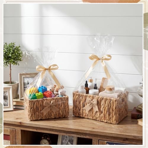 Colingmill 2 Sets Wicker Gift Basket Empty Rectangular Woven Baskets with Handle, Gift Bag and Ribbon, Stackable Goodies Basket for Birthday Wedding Baby Baptisms Christmas(Water Hyacinth,Large,Small) - Image 5