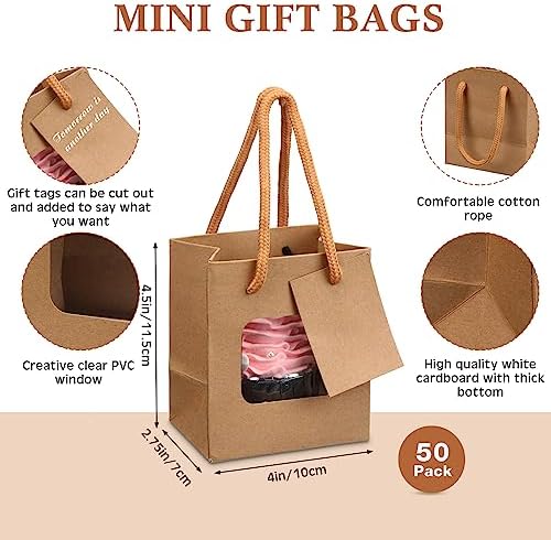 50 Pcs 4 x 2.75 x 4.5 in Brown Kraft Paper Gift Bags with Window & Handles - Image 2