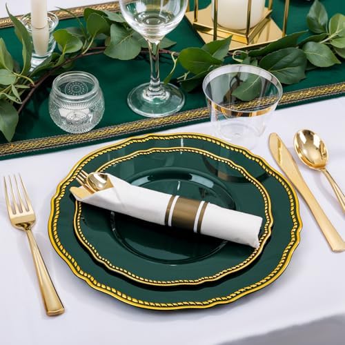 Hioasis 175 Pcs Green Gold Plastic Plates Wedding & Party - Image 6