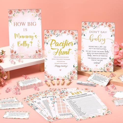 Sherr 476 Pcs Pink Floral Baby Shower Game, 9 Style Baby Shower Activities - Image 2