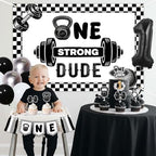 Gym First Birthday Decorations Glitter One Strong Dude Banner Black Gingham Backdrop Highchair Banner Weight Lifting Cake Cupcake Toppers Balloons for Baby Boys Weightlifting Sports 1st Bday Supplies - Image 4