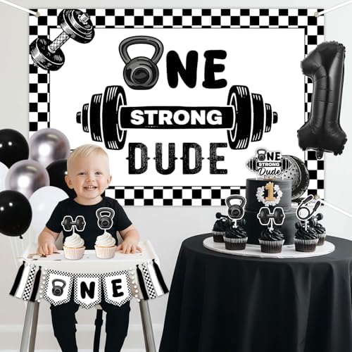 Gym First Birthday Decorations Glitter One Strong Dude Banner Black Gingham Backdrop Highchair Banner Weight Lifting Cake Cupcake Toppers Balloons for Baby Boys Weightlifting Sports 1st Bday Supplies - Image 4