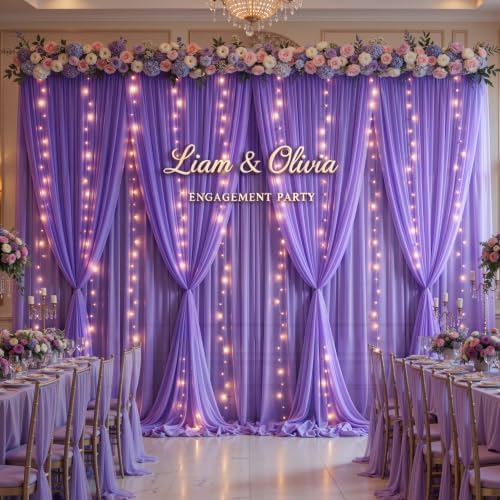 20 x 10ft Purple Chiffon Backdrop Curtain with Lights String for Parties,4 Panels Sheer Tulle Curtain Wedding Backdrop for Baby Shower Birthday Party Ceremony Reception Home Decorations - Image 3