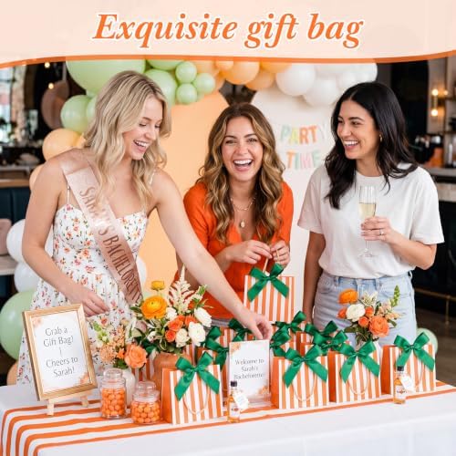 FunooFuno 50 Pack Orange Stripe Gift Bags with Green Bows, 5.5 Inches - Image 5