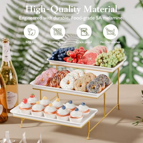 Bumusty 3-Tier Melamine Serving Tray Set, 14 x 7 in, Gold Stand - Image 3