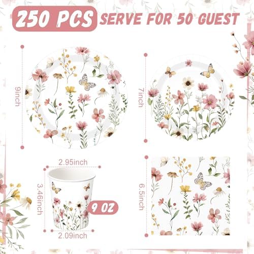 Wildflower Party Decorations, Paper Plates Napkins Cups Serve 50, Pink - Image 3