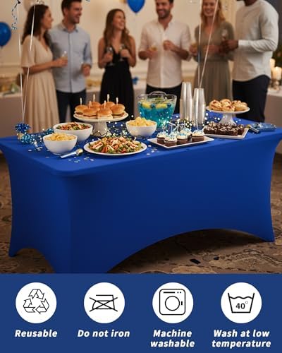 Fixwal 4 Pack 6FT Royal Blue Tablecloth Rectangle Spandex Table Cover - Image 6