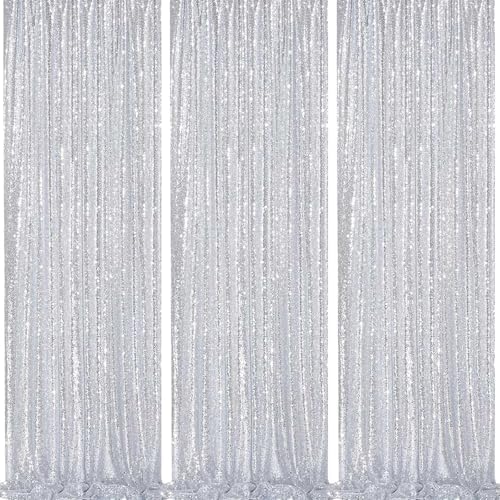 Silver Sequin Backdrop Party Decorations - 3 Packs 2ft x 8ft Silver Curtain by QueenDream