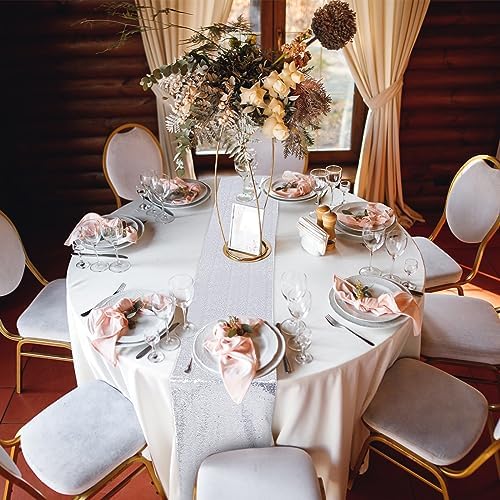 Newwiee 12 Pack Round Plastic Tablecloth Sequin Runner Set, Silver, White - Image 5