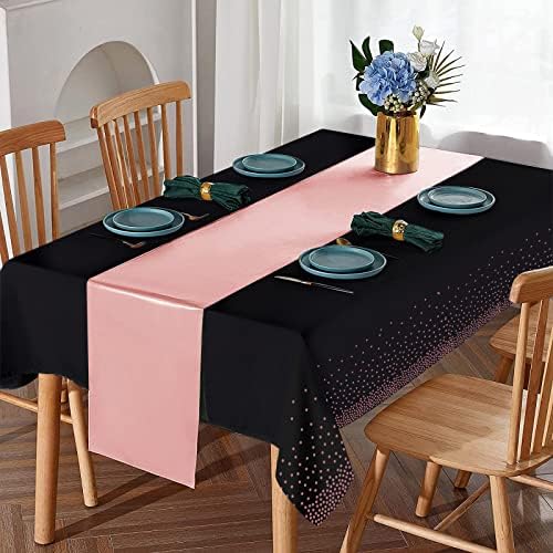 16Pack Disposable Plastic Tablecloths and Satin Table Runner Set Black and Rose Gold Dot Tablecloth Gold Satin Table Runner for Wedding Birthday Baby Shower Anniversary Christmas New Year Party Supply - Image 4