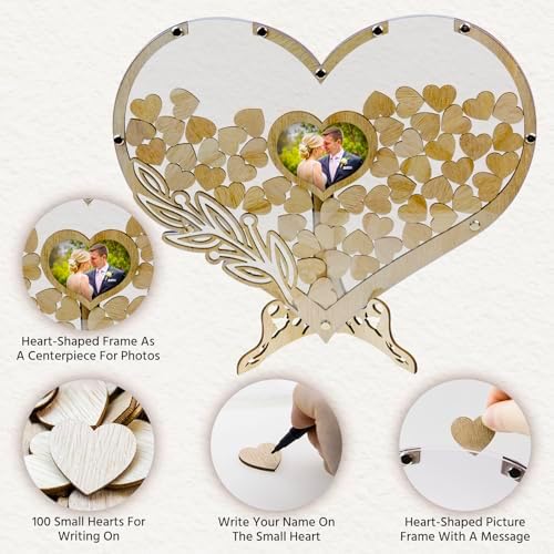 Wedding Guest Book Alternative, Rustic Heart Shaped Wooden Guest Book with 100 Wooden Hearts Tree for Wedding Party Birthday, Personalized Wedding Decor with Guest Sign-In Box & Heart Frame for Photo - Image 2