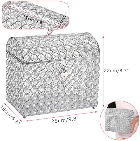 ELLDOO Crystal Wedding Card Box with Heart Lock, Money Card Box Treasure Chest Style Silver Gift for Wedding Receptions Centerpiece Decor Anniversary Keepsake Gift Display Csae, Medium - Image 2