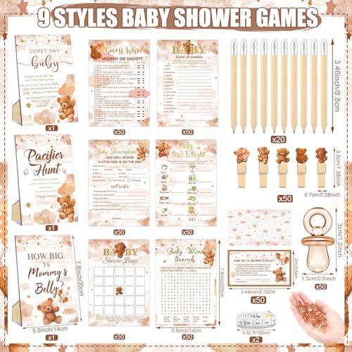 476 Pcs Brown Bear Baby Shower Games, 9 Style Baby Shower Activities - Image 3