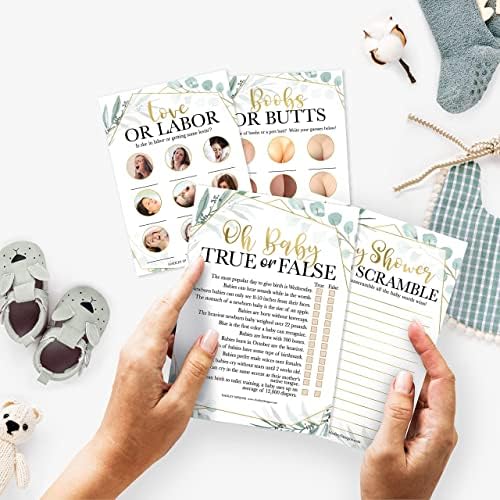 25 Greenery Love or Labor, Boobs Or Baby Butts Game, 25 True Or False, Word Scramble For Baby Shower - 4 Double Sided Cards Baby Shower Ideas, Baby Shower Party Supplies Baby Sprinkle Games - Image 2