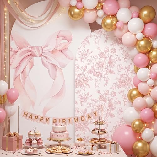 Mindsoft 2 Set Pink Bow Floral Arch Backdrop Cover 7.2ft 6.6ft - Image 6