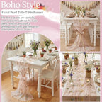 Lounsweer 3 Pcs Pink Wildflower Table Runner 10ft Embroidery Tulle - Image 5