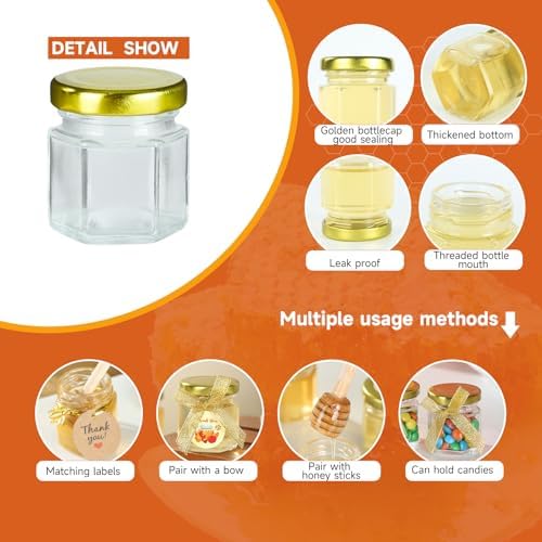 Mini Honey Jars with Dipper- 30Pcs Small Honey Jars Party Favors for Baby Shower,Wedding Favors, 1.5 oz Glass Jars with Lids (Gold, 30) - Image 5