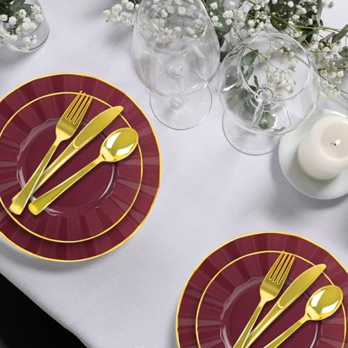 150Pcs Plastic Plates with Gold Rim, Heavy Duty Burgundy Plates for 30 Guests, Plastic Dinnerware Set Include 30 Dinner Plate, 30 Dessert Plate, 90 Gold Cutlery Set for Party (Burgundy) - Image 5