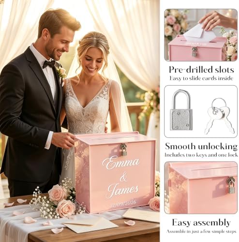 OASF&QPPTY Custom Wedding Card Box with Lock, Elegant Personalized Wedding Card Box for Reception, Graduation, Baby Shower - Secure PVC Money Box for Cards and Well Wishes, Elegant Party Table Decor - Image 5