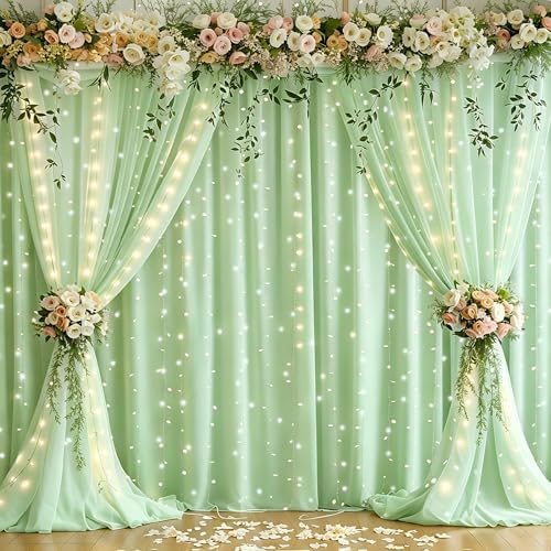 Shillance 10x10ft Sage Green Chiffon Backdrop Curtain with Lights String for Wedding Sheer Tulle Curtain Photo Backdrops Drapes for Baby Shower Birthday Party Ceremony Decorations - Image 2