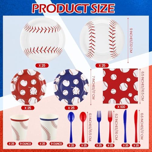 Kochorie 400 Pieces Baseball Disposable Tableware Sets, Baseball Party Supplies with Plates Cups Napkins Cutlery Serves 50 for Birthday Sports Party Decorations - Image 2