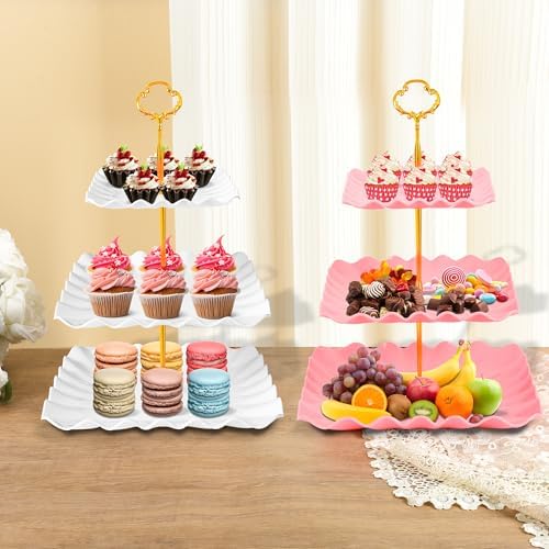 10 Pack Dessert Table Display Set - 4 x Three-Tier Square Cupcake Stands and 6 x Serving Trays, Elegant Tableware for Cakes, Cupcakes, Pastries, and Snacks, Perfect for Parties (Pink) - Image 6