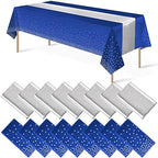 16Pack Disposable Plastic Tablecloths and Satin Table Runner Set Blue and Silver Dot Tablecloth Silver Satin Table Runner for Wedding Birthday Baby Shower Anniversary Christmas New Year Party Supplies by MASHAN