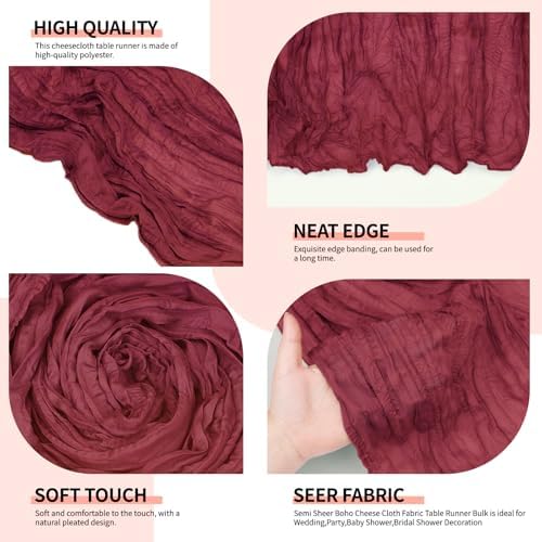12 Pcs Burgundy Christmas Cheesecloth Table Runner 10Ft, Gauze Table Runners 21.5 x 120 inch,Semi Sheer Cheese Cloth Fabric Runner Bulk for Wedding,Party,Baby Shower,Bridal Shower - Image 5
