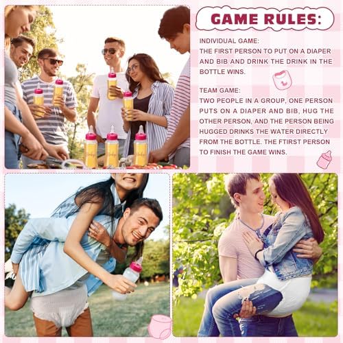 6 Sets Bottle Chug Baby Shower Games Juegos Para Plastic Baby Bottles Bibs Disposable Diapers Gender Reveal Games Baby Changing Diaper Race Game Decoration (Red) - Image 6