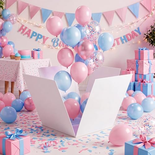 VercanMonth 28 Inches Giant Gender Reveal Gift Box with Lid Kit Extra Large White Gift Box with Boy or Girl Party Banner and Blue Pink Ribbons for Gender Reveal Birthday Party Baby Shower Decor - Image 6