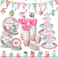 257 Pcs Tea Party Supplies Floral Paper Tea Party Decor, Pink by Skybooly